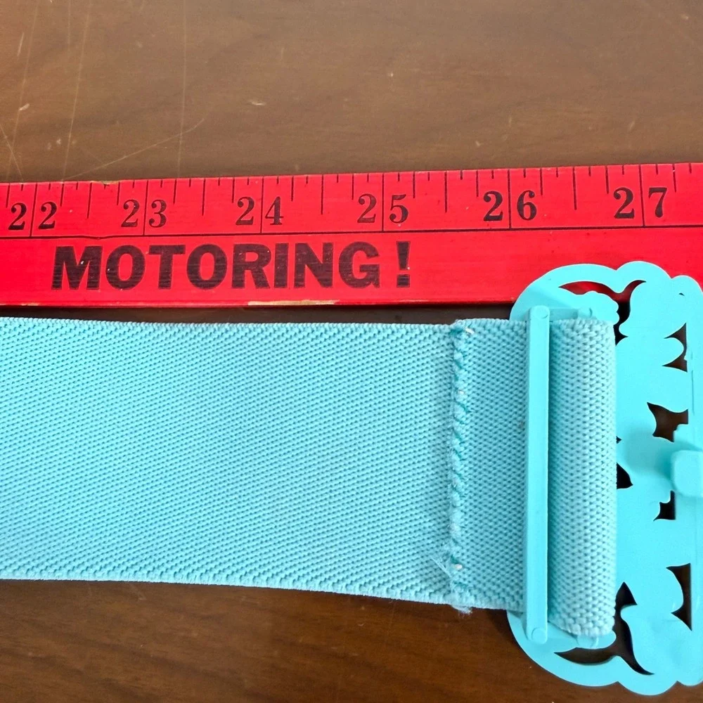 90's Elastic Cinch Belt Women Teal Floral Buckle Retro Stretchy Waist Plastic